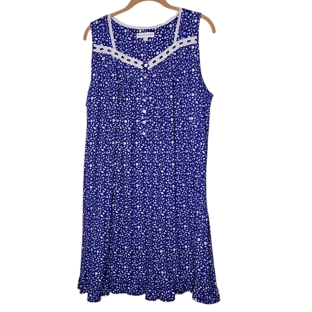 Eileen West Sleeveless Nightgown‎ Blue White Shell Lace Trim Large Cottagecore